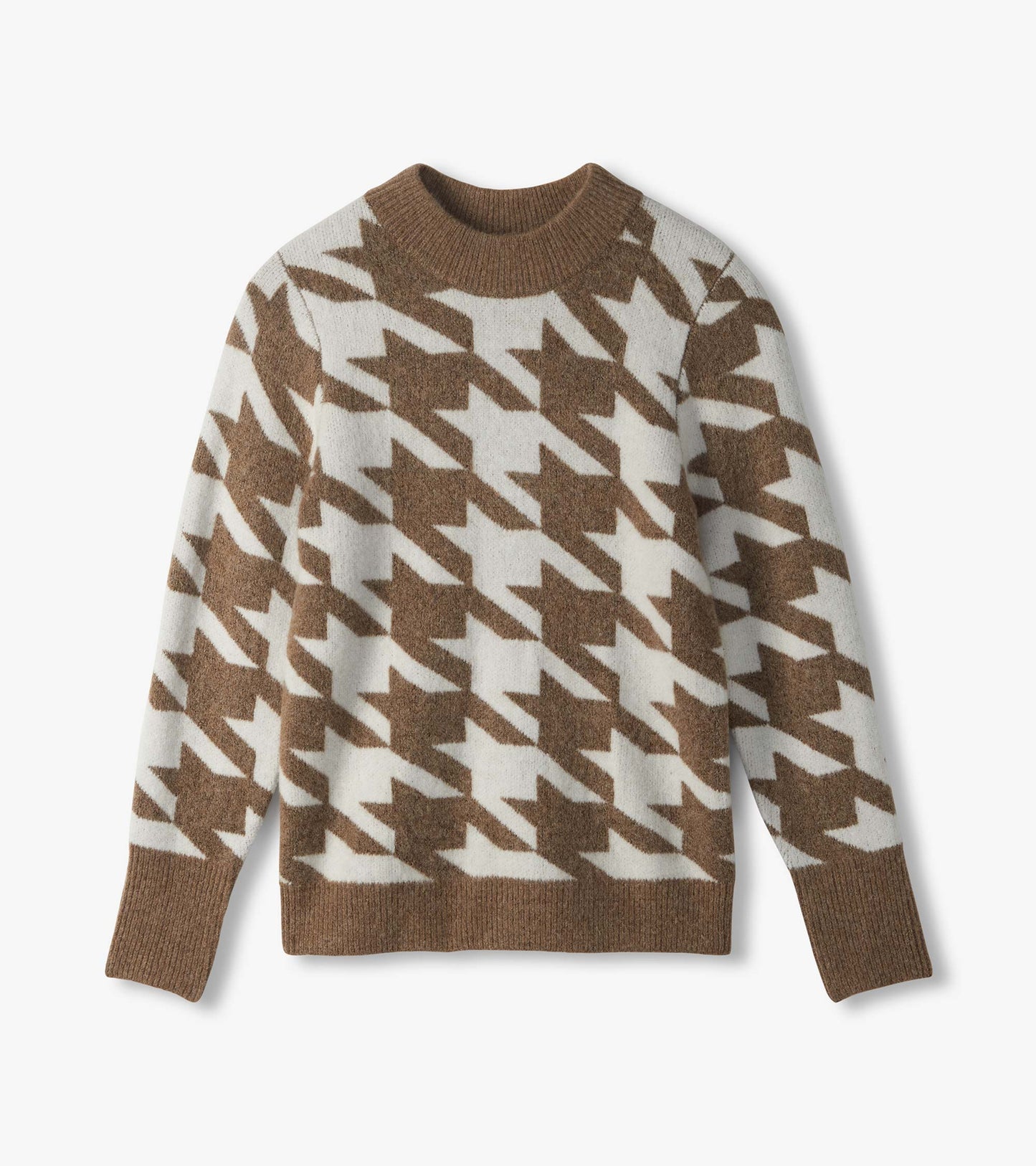 Flat front view of oatmeal and cream herringbone sweater with crew neck and ribbed cuffs