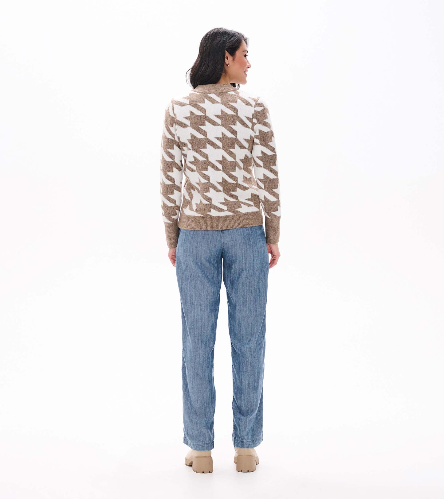 Back view of oatmeal and cream herringbone sweater with long sleeves and ribbed trim