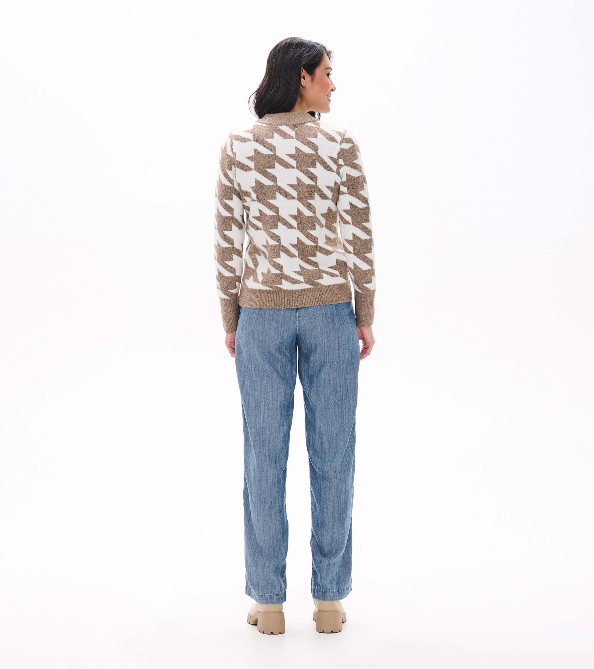 Back view of oatmeal and cream herringbone sweater with long sleeves and ribbed trim