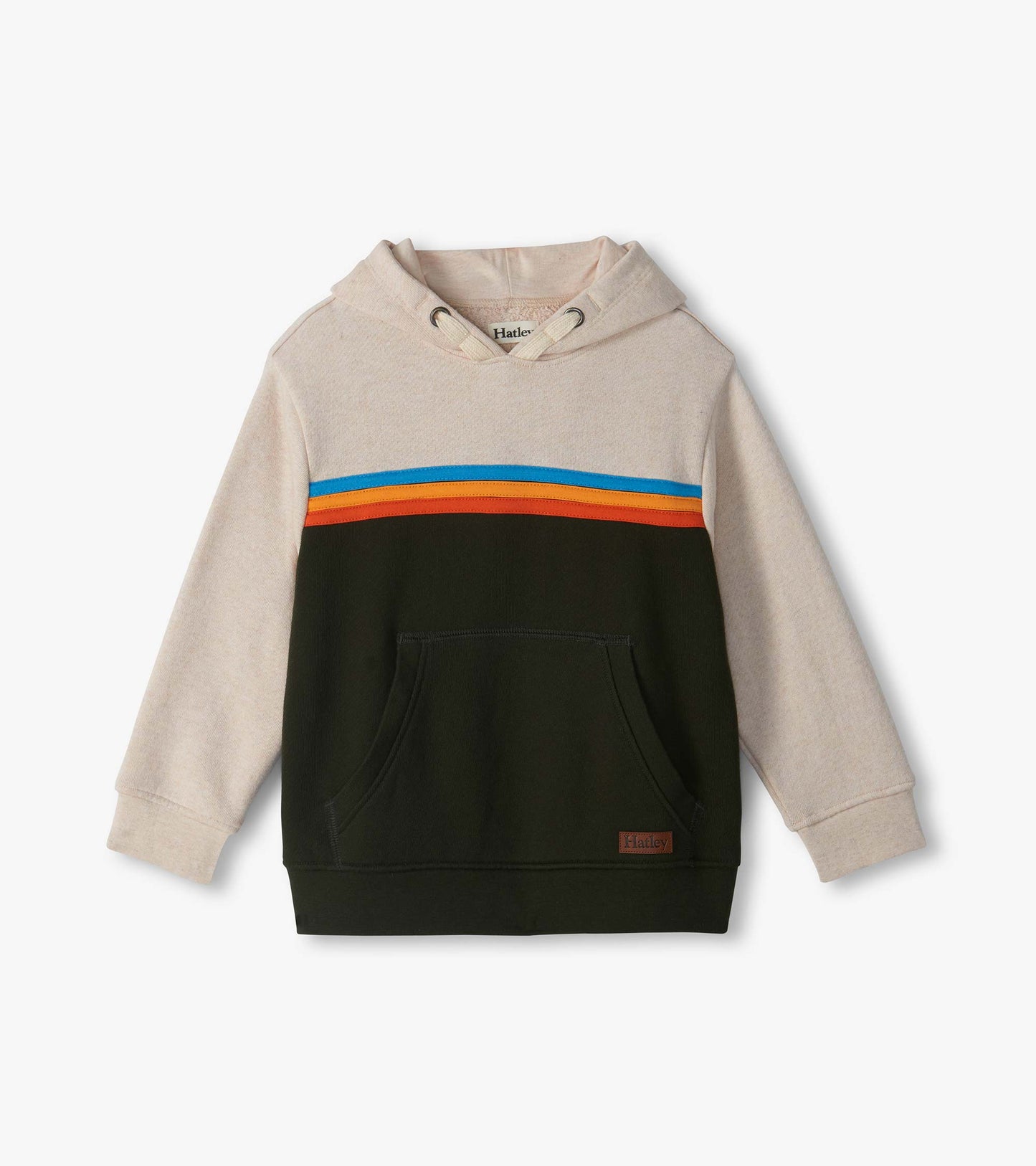 Kids pullover hoodie in oatmeal and black with blue, yellow and orange chest stripes and front pocket