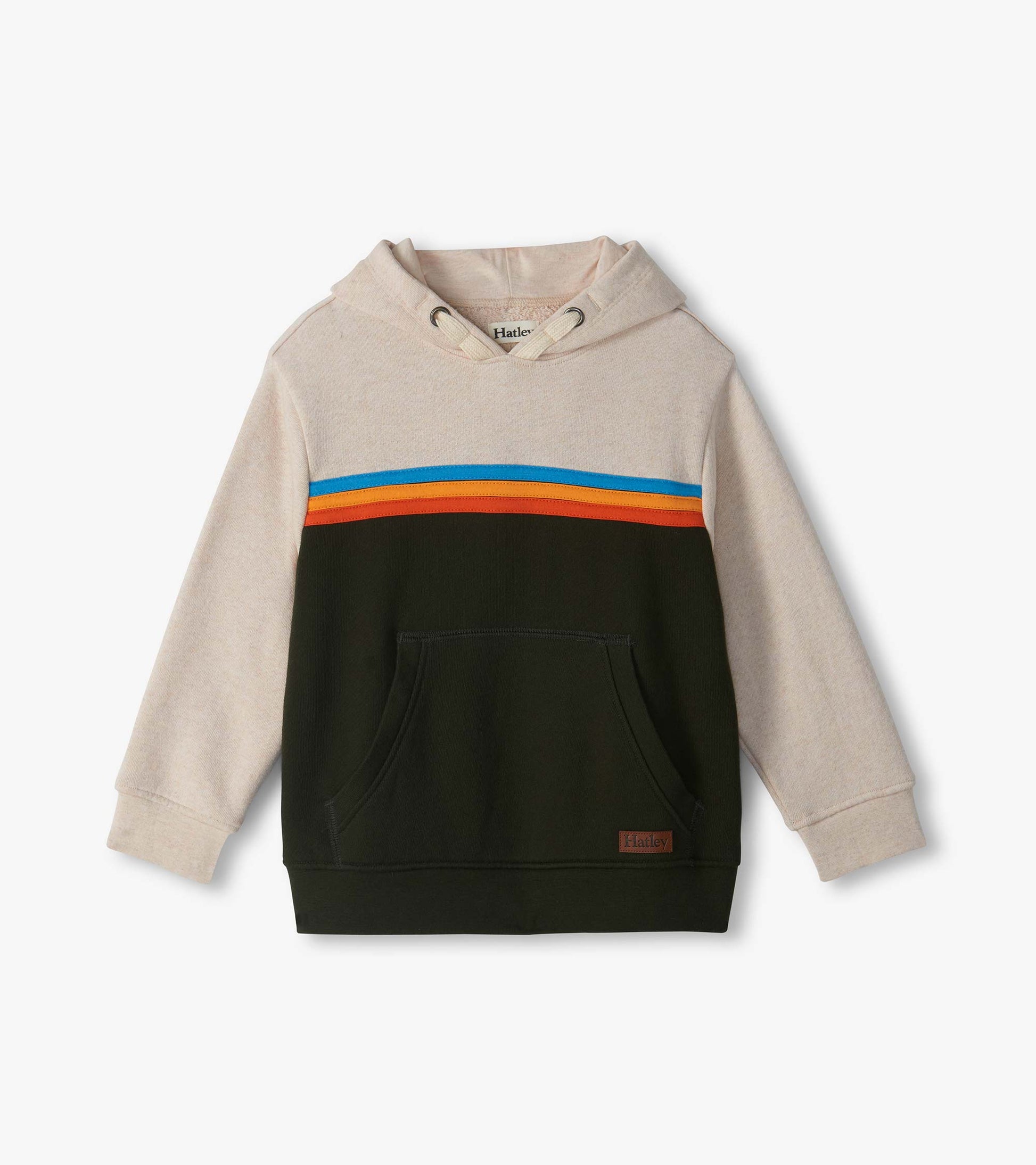 Kids pullover hoodie in oatmeal and black with blue, yellow and orange chest stripes and front pocket