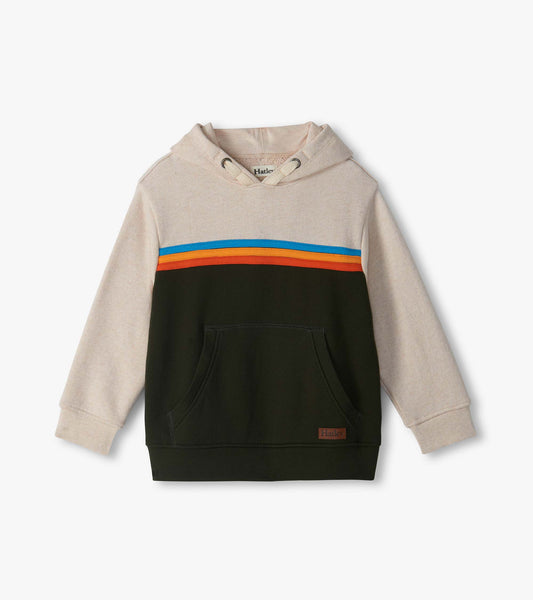 Kids pullover hoodie in oatmeal and black with blue, yellow and orange chest stripes and front pocket