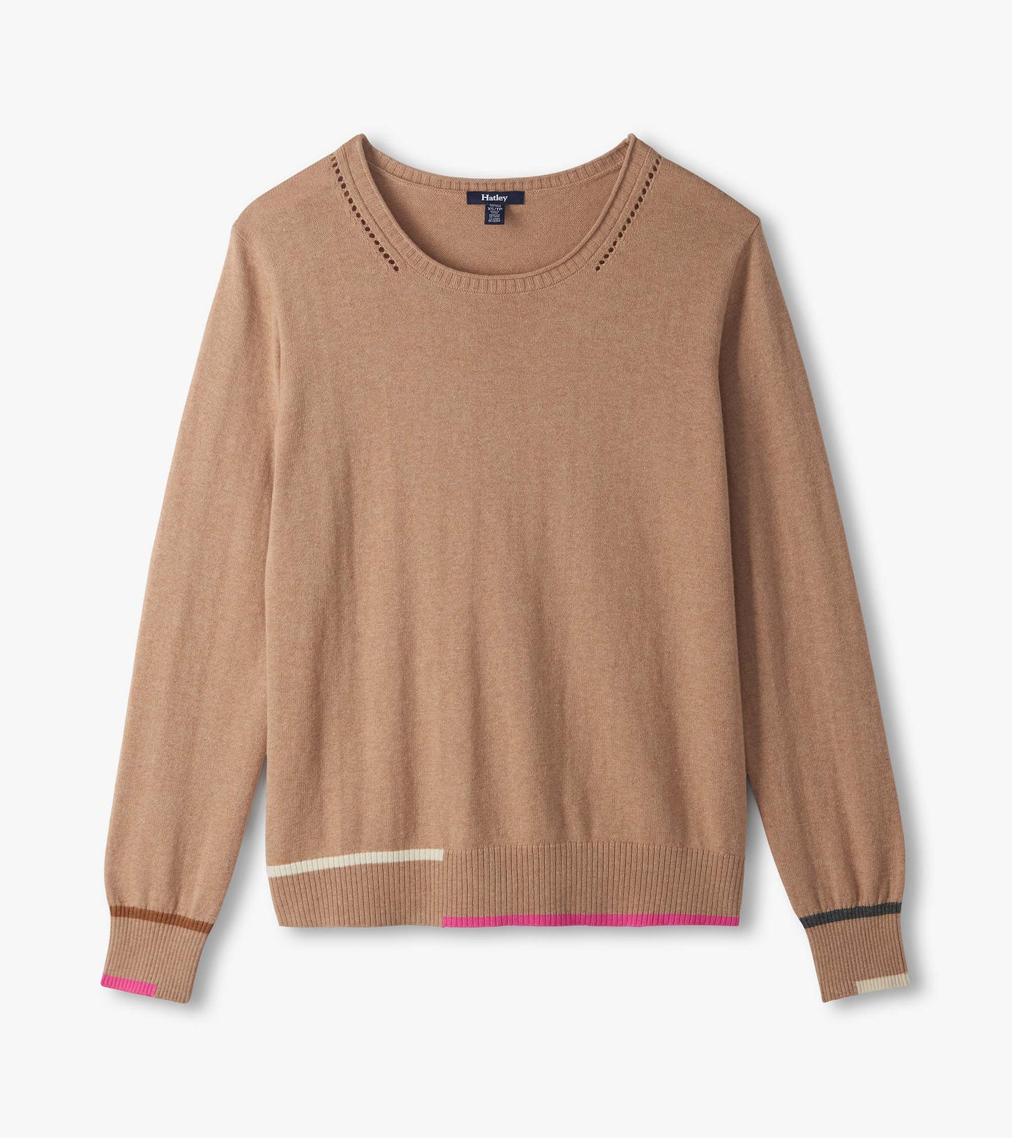 Flat lay of oatmeal crew neck sweater with long sleeves, ribbed hem, and pink, cream, tan, and gray trim