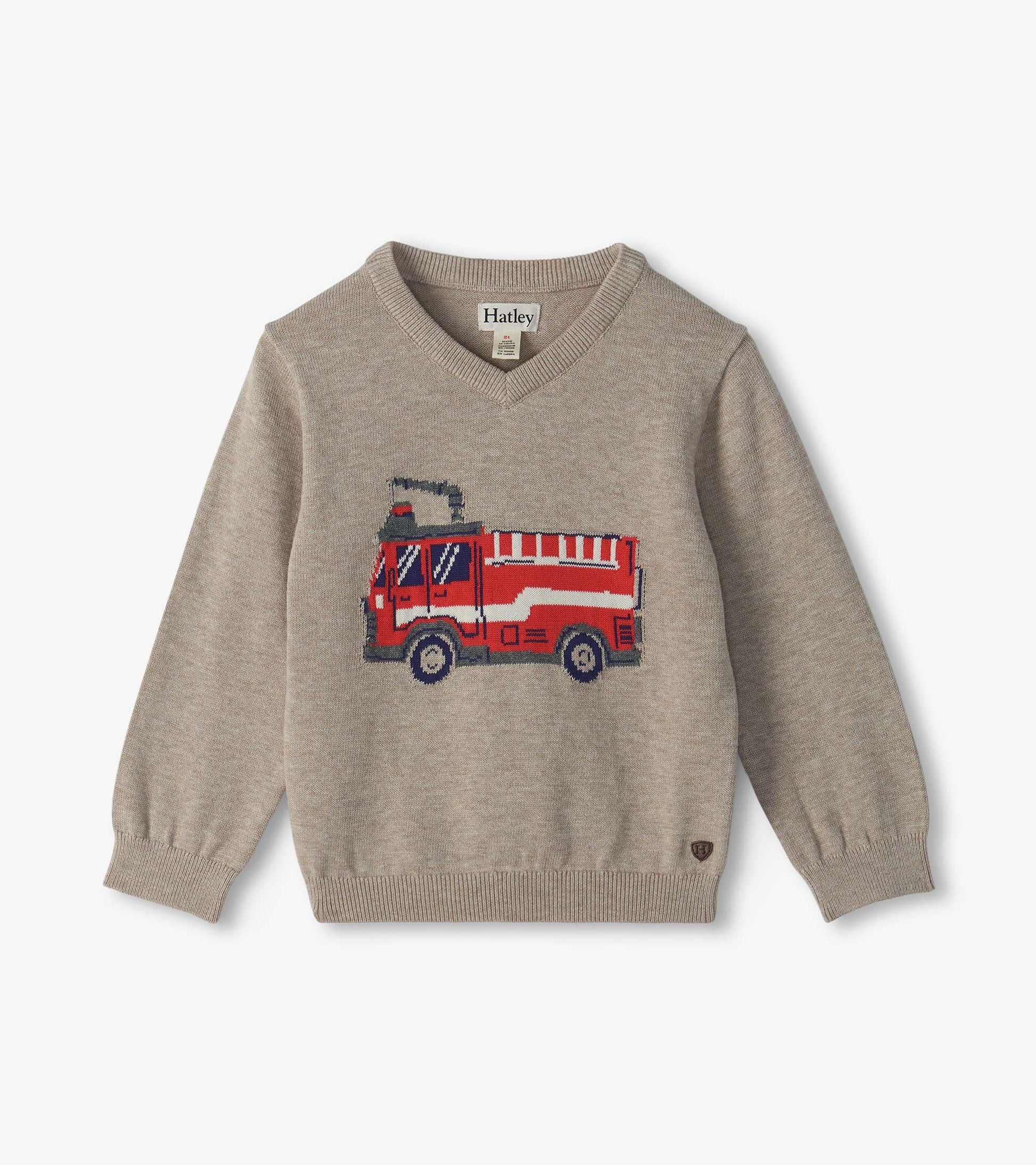 Kids beige V-neck sweater with long sleeves and a red firetruck graphic on the front