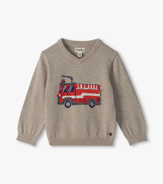 Kids beige V-neck sweater with long sleeves and a red firetruck graphic on the front