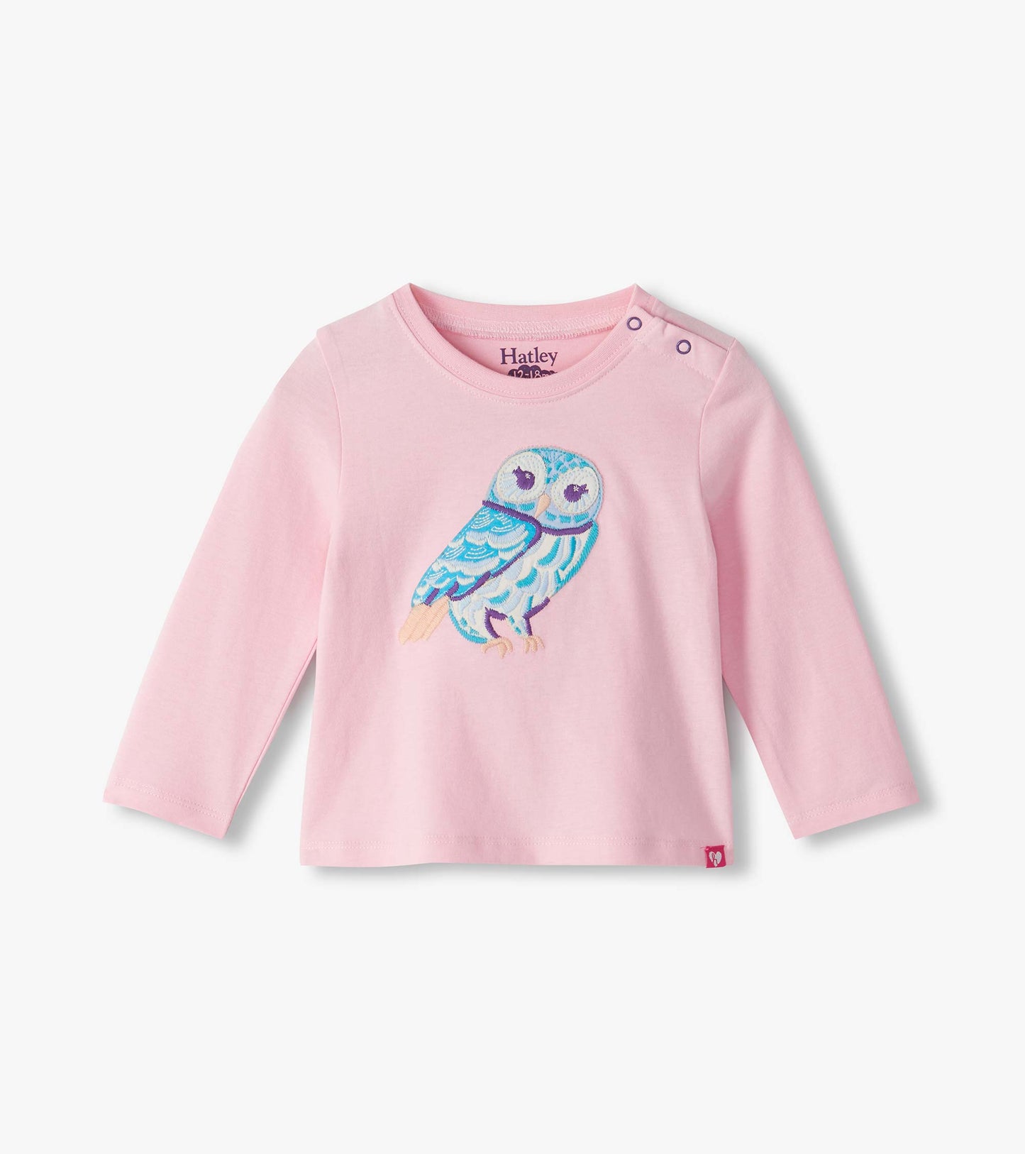 Front view of infant pink long sleeve tee with blue owl graphic and shoulder snaps