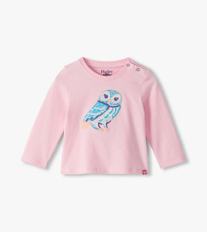Front view of infant pink long sleeve tee with blue owl graphic and shoulder snaps