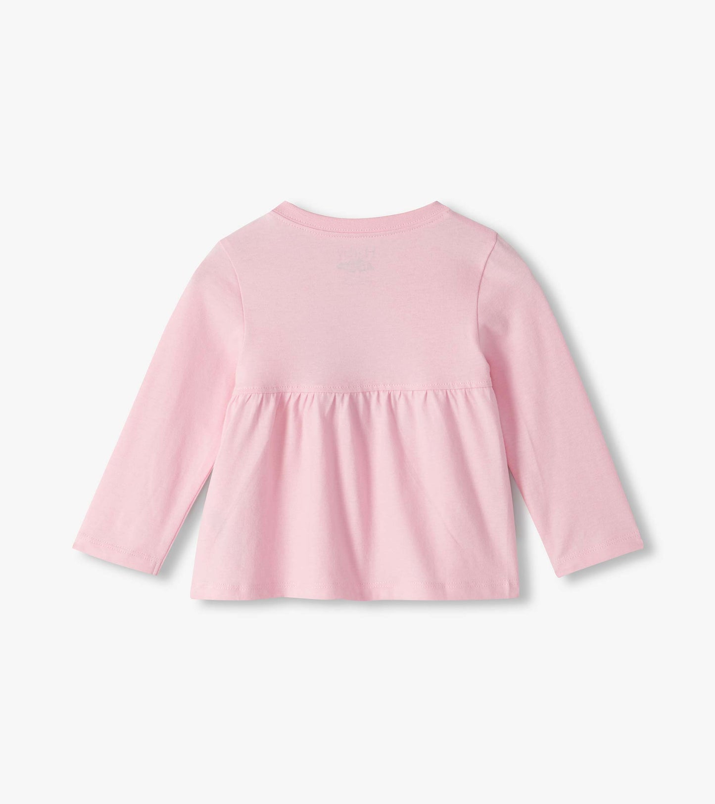 Back view of infant pink long sleeve tee with gathered back detail