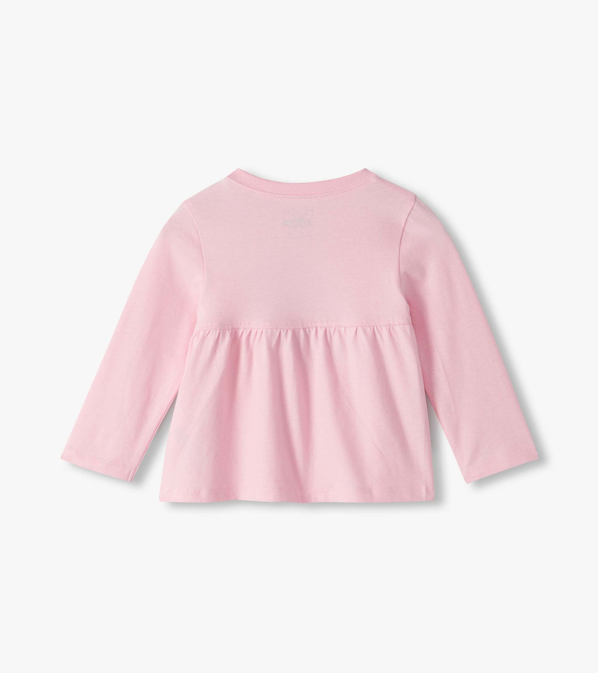 Back view of infant pink long sleeve tee with gathered back detail