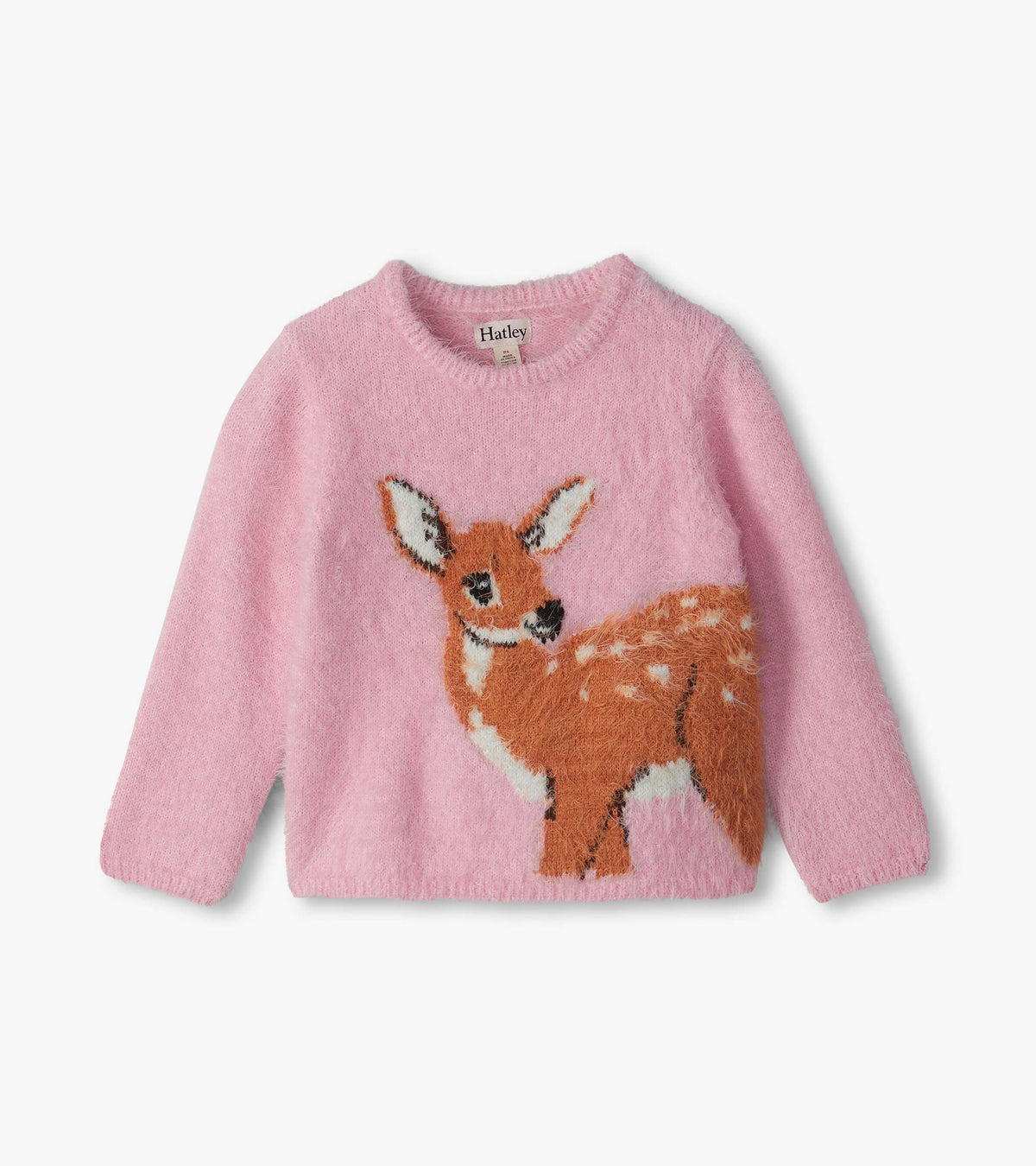 Pink furry toddler sweater with long sleeves and a large fawn graphic on the front