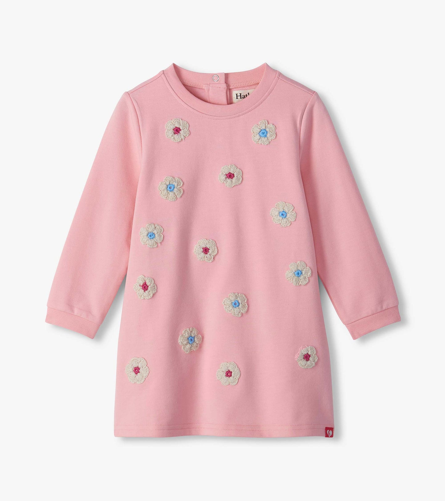 Pink long sleeve infant dress with cream flower appliqués and blue or pink centers