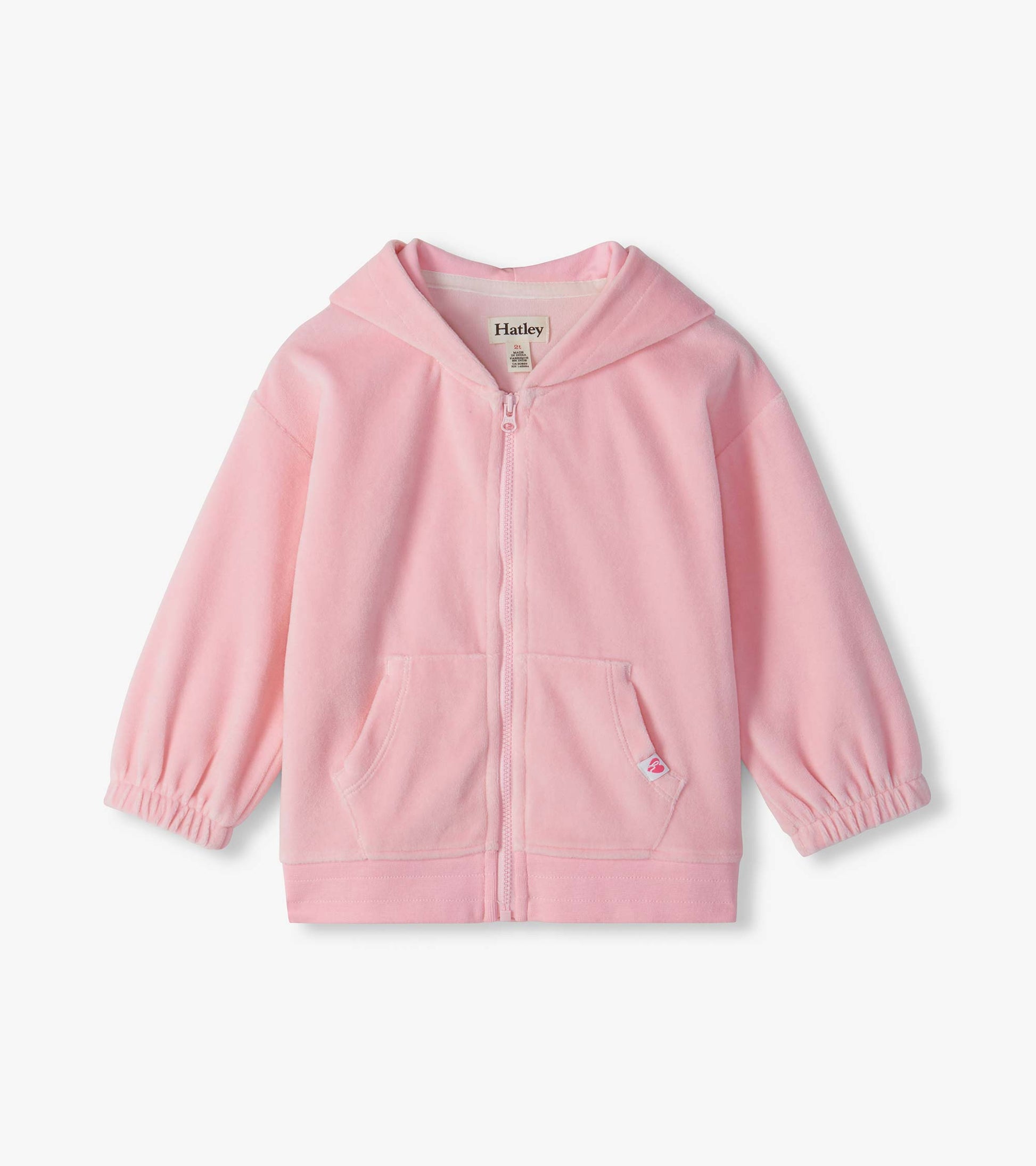 Light pink infant zip-up hoodie with hood, front pockets, and long sleeves with elastic cuffs