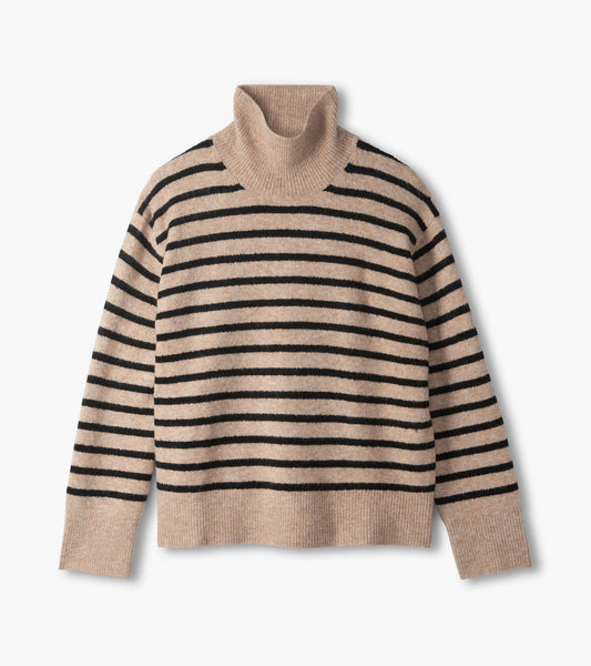 Oatmeal mock neck sweater with black horizontal stripes, long sleeves, and ribbed cuffs and hem