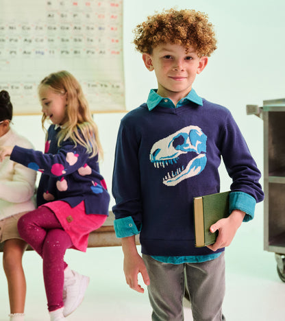 Boys Dino Skull V-Neck Sweater