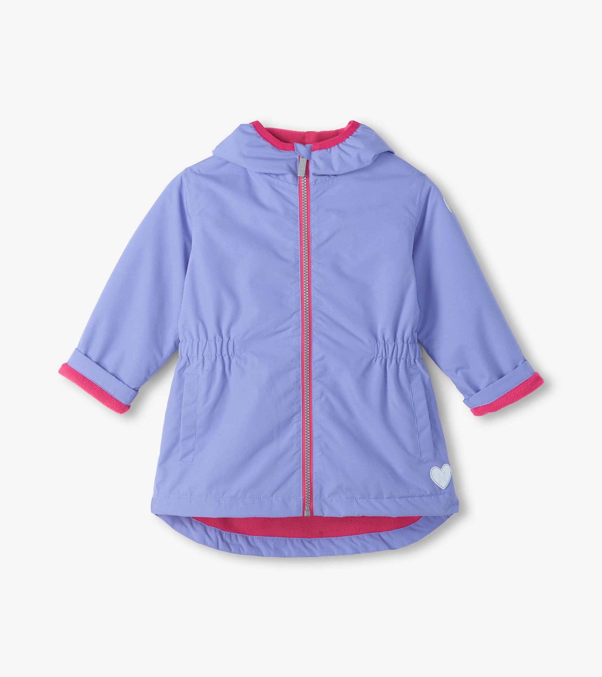 Front view of lilac hooded field jacket with pink zipper trim, elastic waist, and pink lining at cuffs and hem