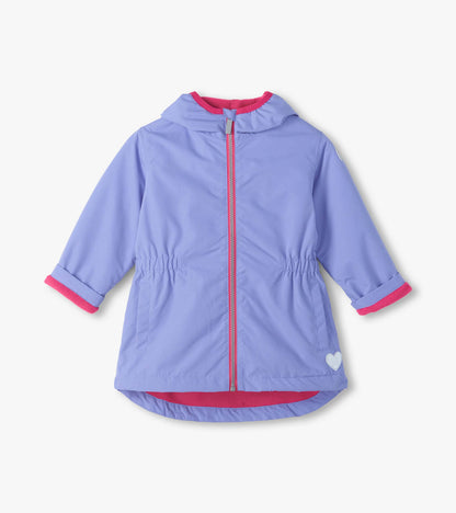 Front view of lilac hooded field jacket with pink zipper trim, elastic waist, and pink lining at cuffs and hem