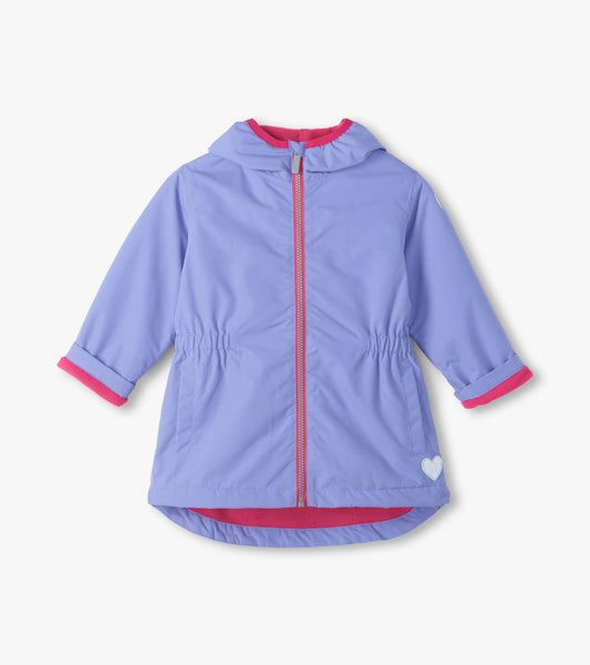 Front view of lilac hooded field jacket with pink zipper trim, elastic waist, and pink lining at cuffs and hem