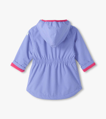 Back view of lilac hooded field jacket with elastic waist and pink lining visible at cuffs and hood edge