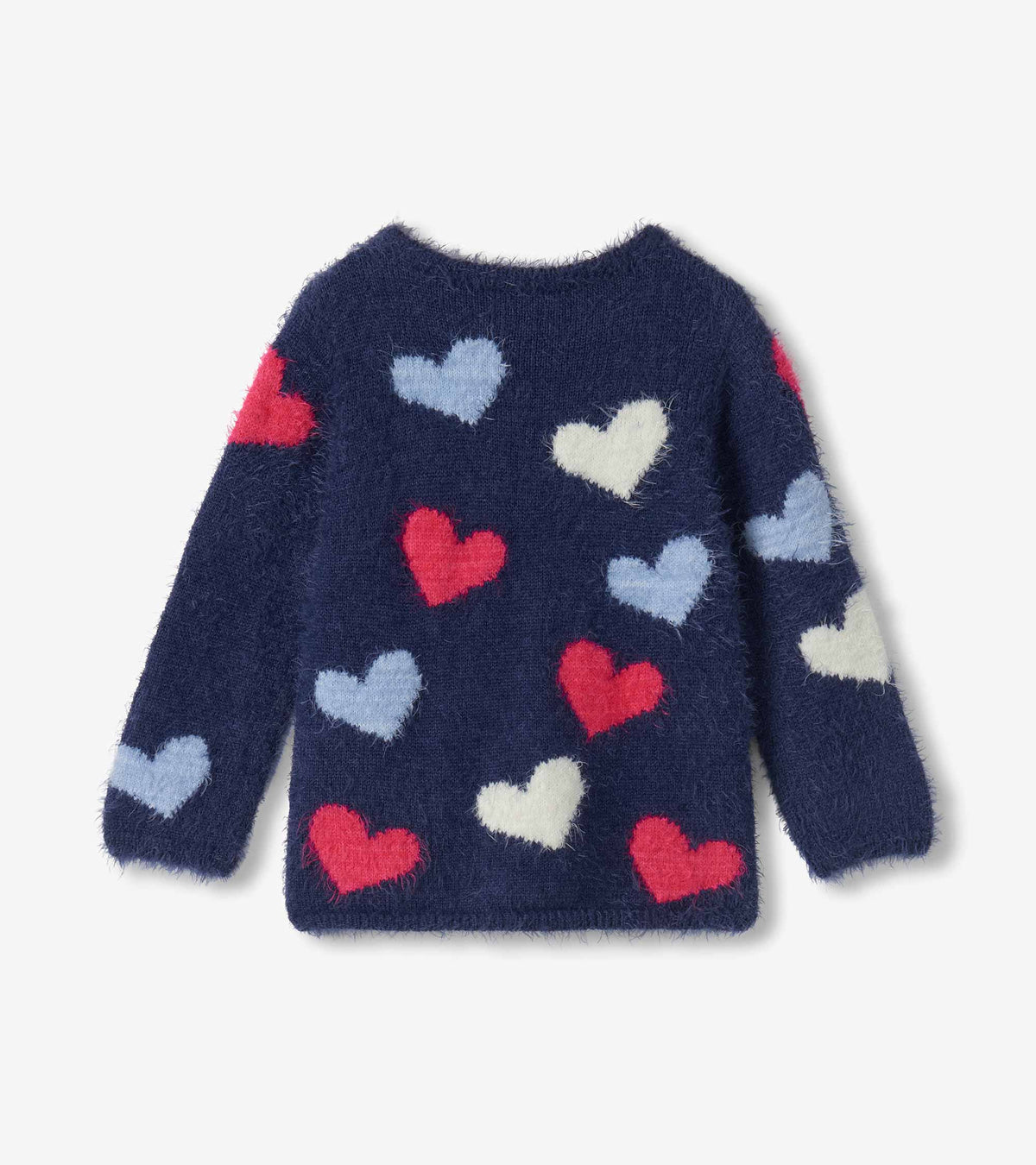 Back view of girls navy sweater with red, light blue, and white heart pattern and long sleeves
