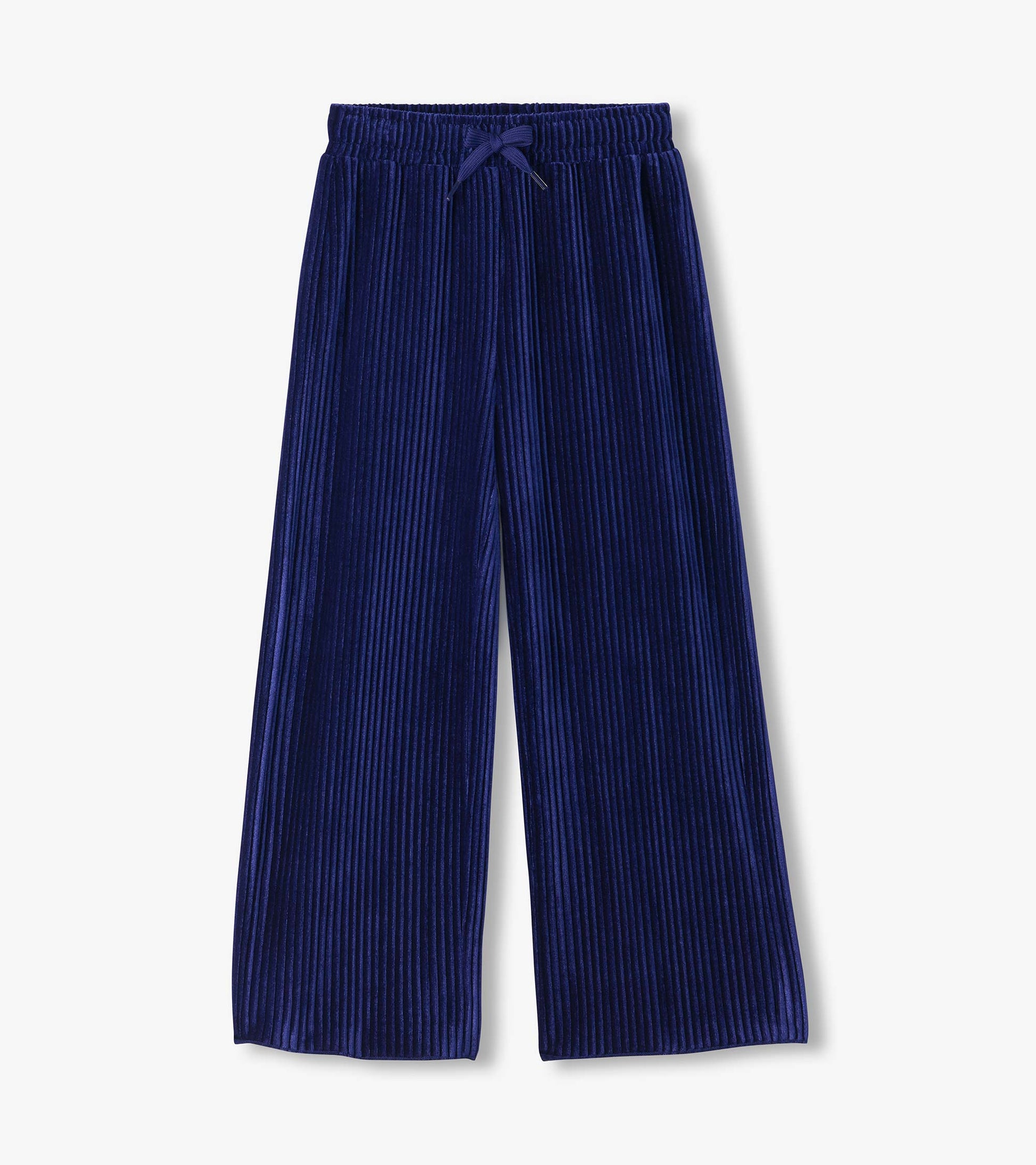 Front view of navy pleated relaxed pants with an elastic waistband, drawstring, and wide legs