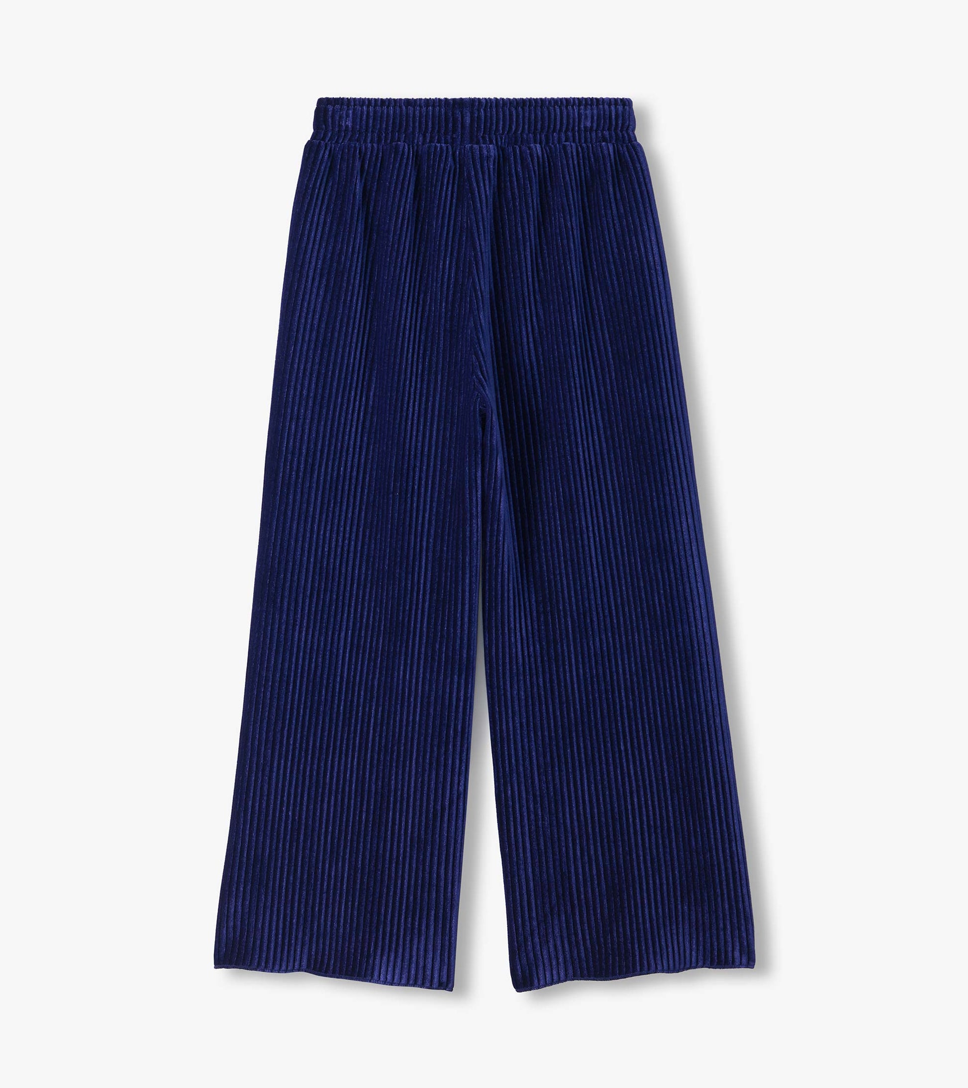 Back view of navy pleated relaxed pants with an elastic waistband and wide legs