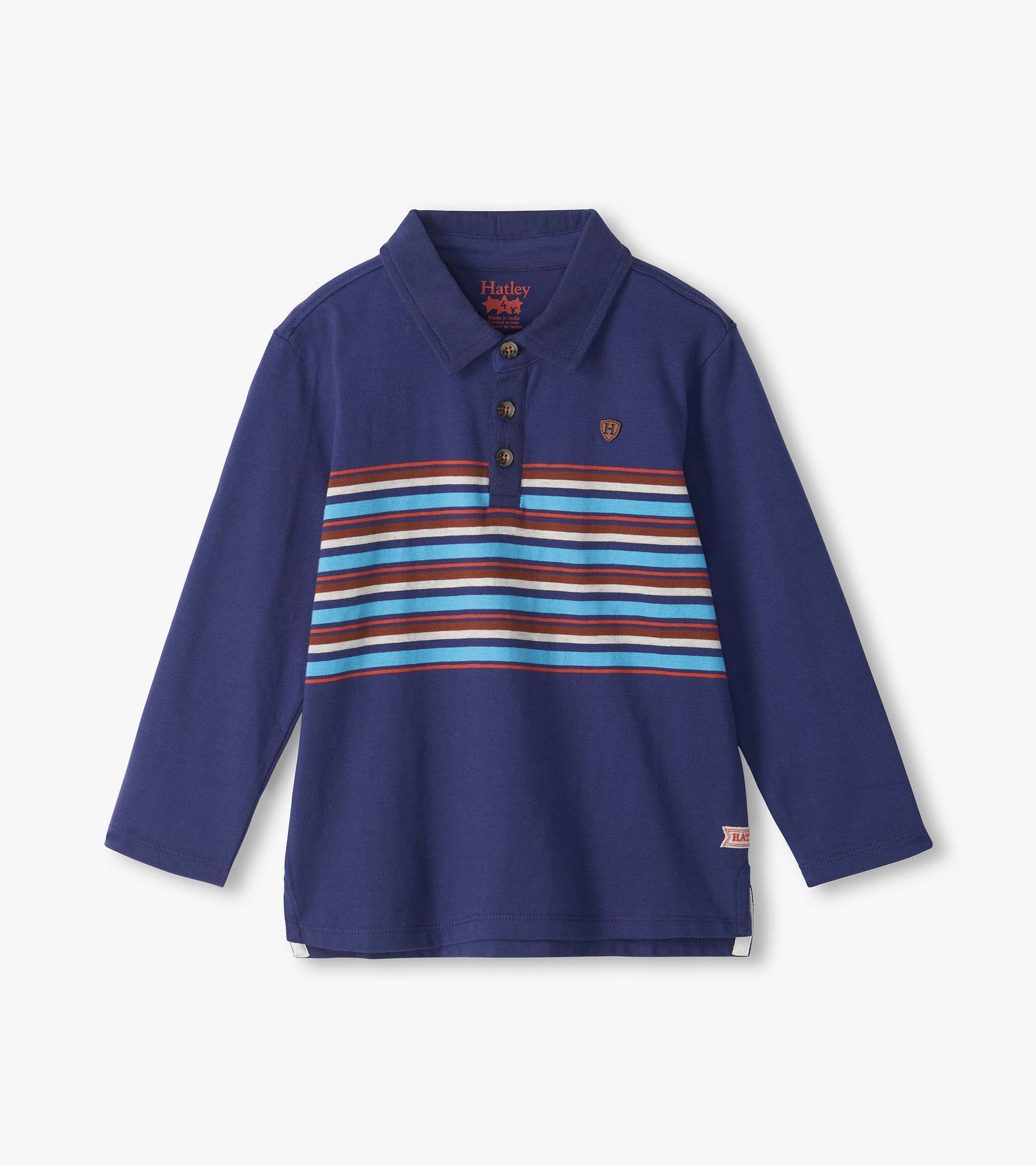 Kids blue rugby shirt with collar, long sleeves, and multicolor horizontal chest stripes