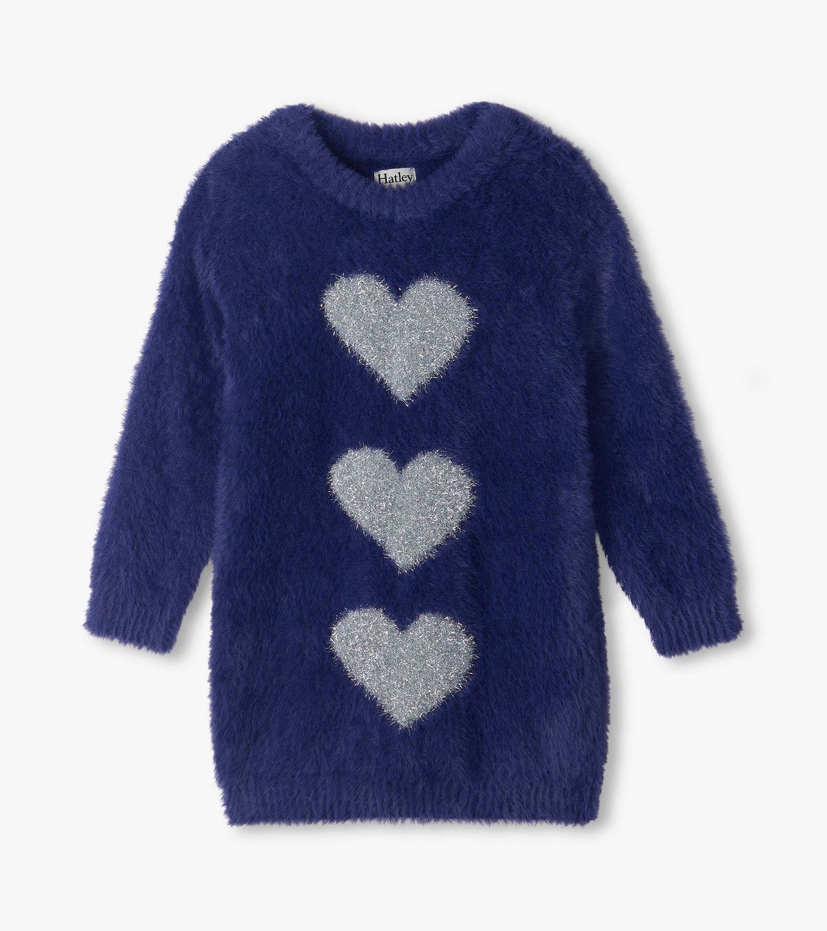 Front view of girls patriot blue fuzzy sweater dress with long sleeves and three silver hearts down the front