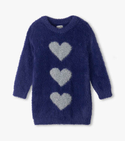 Front view of girls patriot blue fuzzy sweater dress with long sleeves and three silver hearts down the front