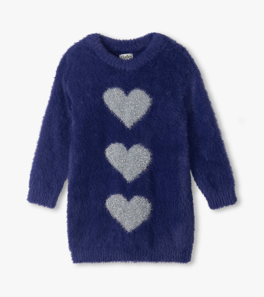 Front view of girls patriot blue fuzzy sweater dress with long sleeves and three silver hearts down the front