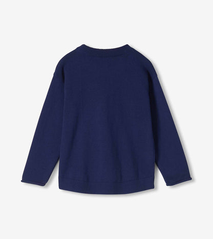 Back view of navy crew neck sweater with long sleeves and ribbed hem