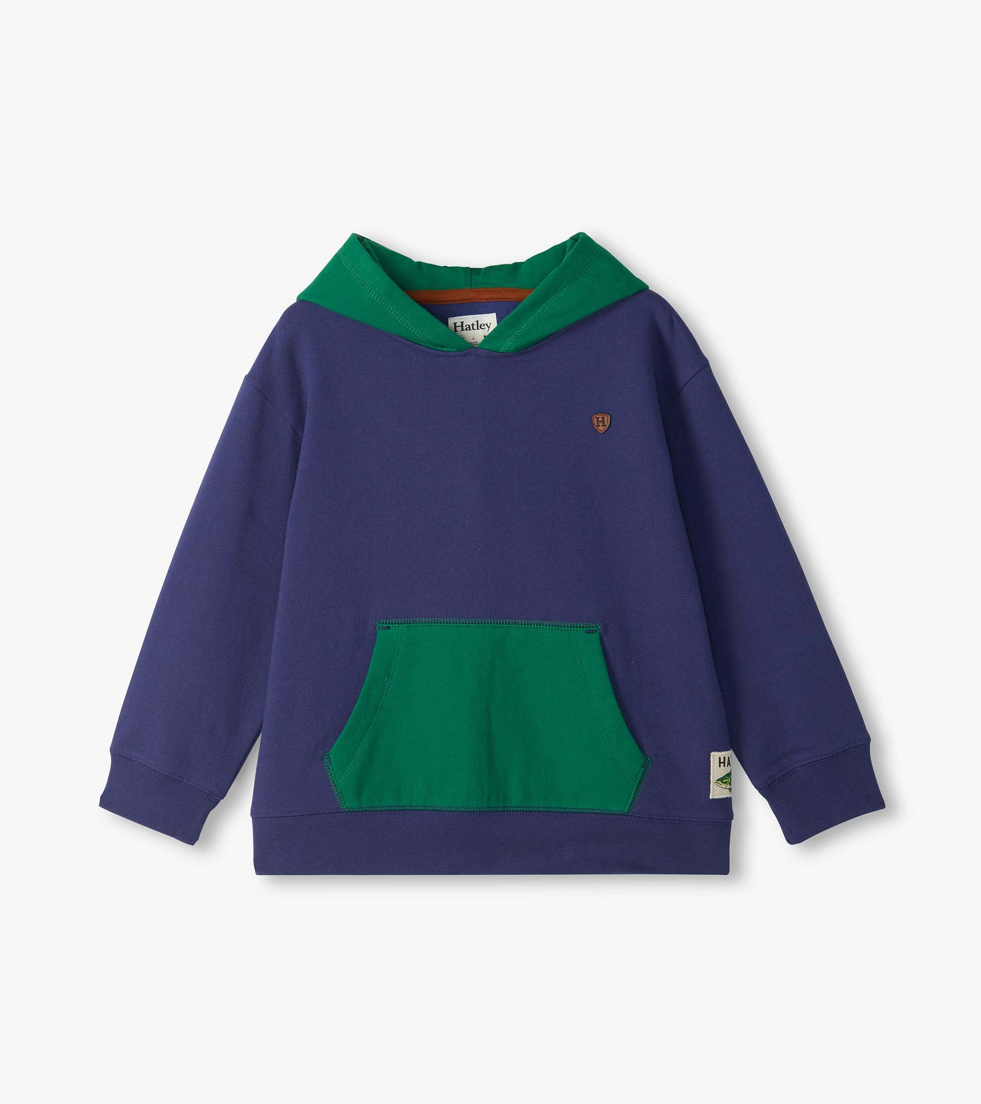 Front view of kids colorblock hoodie in blue with green hood and kangaroo pocket