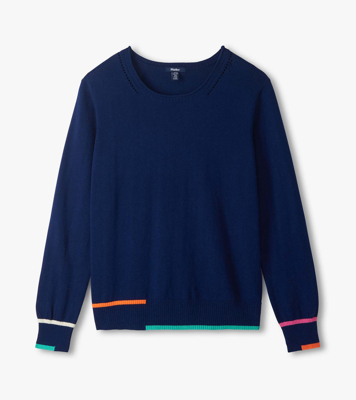 Flat lay of patriot blue crew neck sweater with multicolor striped cuffs and hem