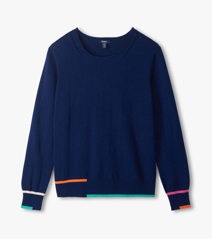 Flat lay of patriot blue crew neck sweater with multicolor striped cuffs and hem