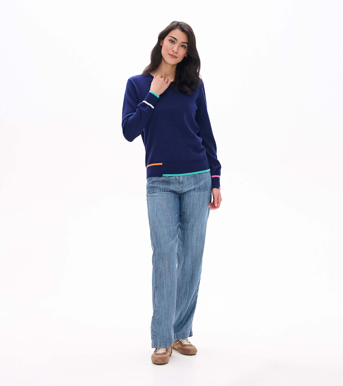 Full front view of patriot blue crew neck sweater styled with wide leg jeans