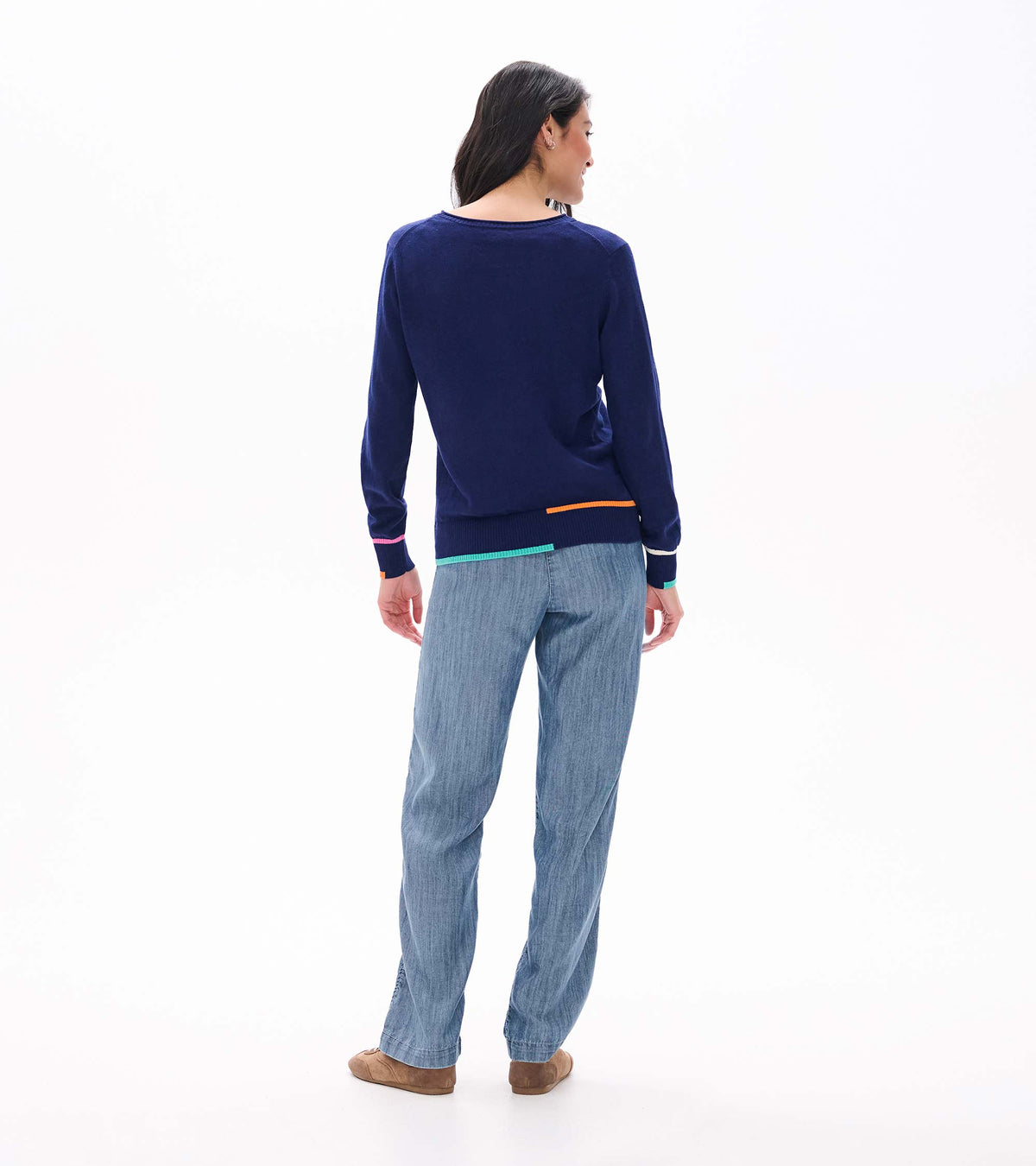 Back view of patriot blue crew neck sweater with multicolor trim at cuffs and hem