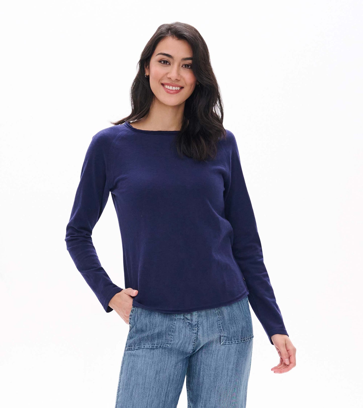 Front view of patriot blue raglan sleeve tee with long sleeves and a wide crew neckline