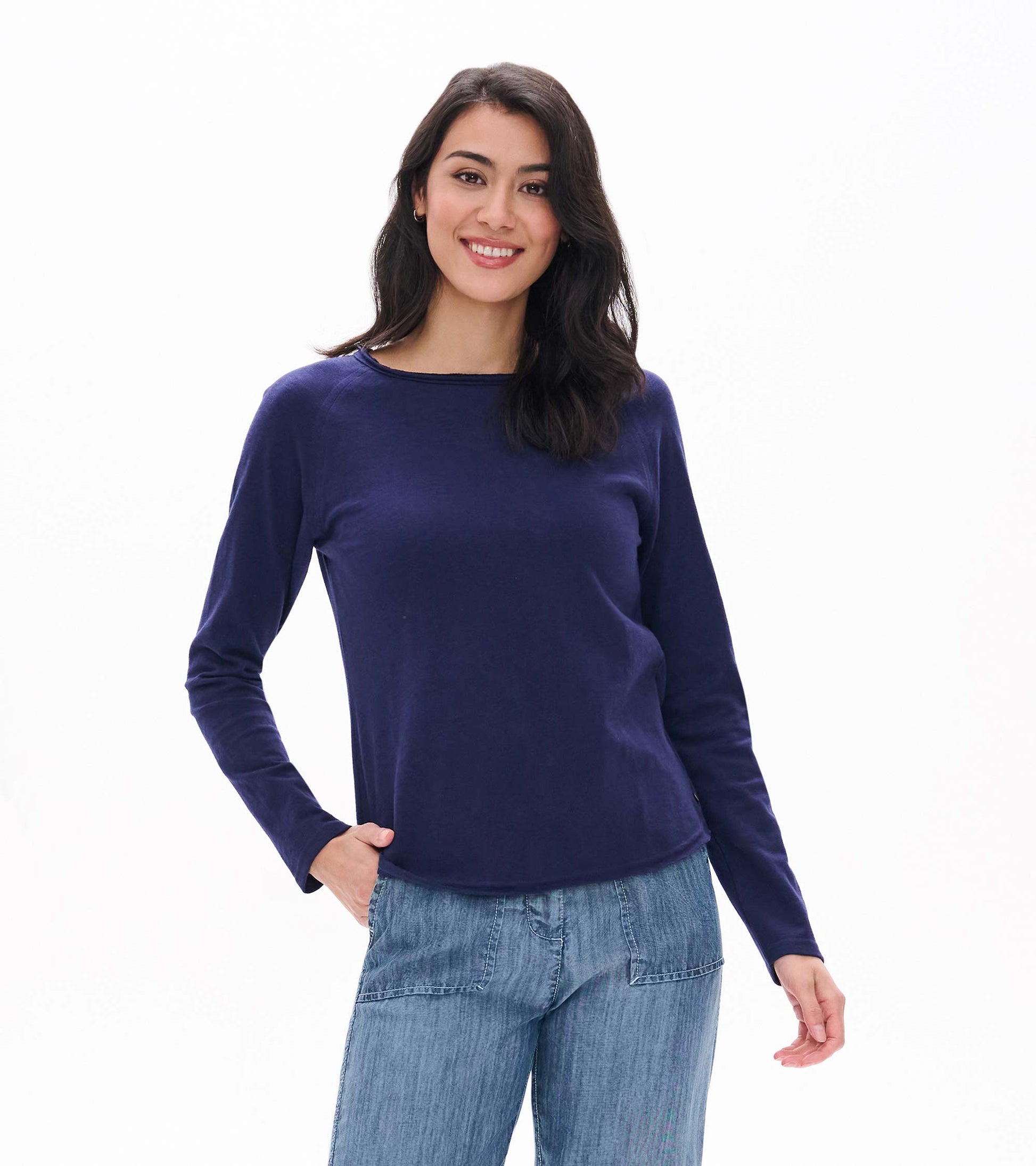 Front view of patriot blue raglan sleeve tee with long sleeves and a wide crew neckline