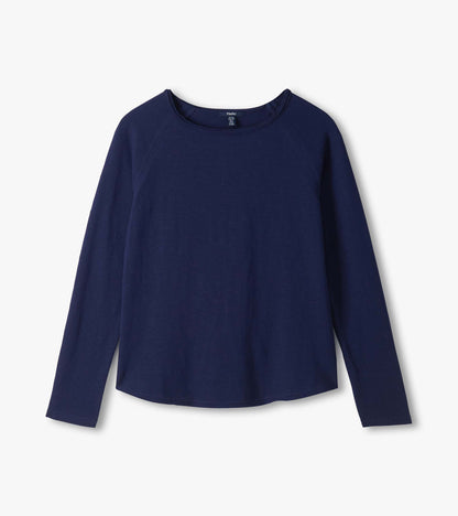Patriot blue raglan sleeve tee laid flat, showing long sleeves and a wide crew neckline