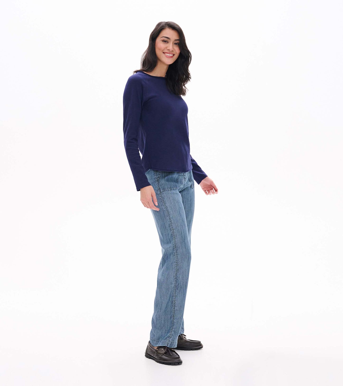Side view of patriot blue raglan sleeve tee with long sleeves and a straight hem