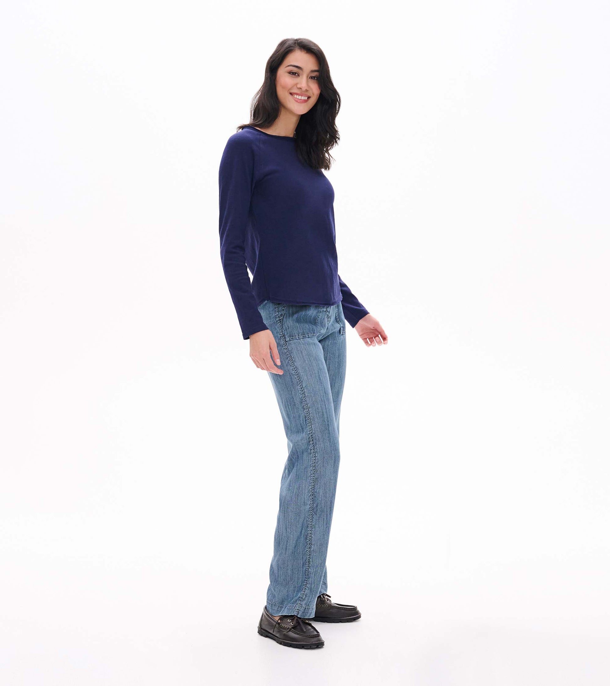 Side view of patriot blue raglan sleeve tee with long sleeves and a straight hem