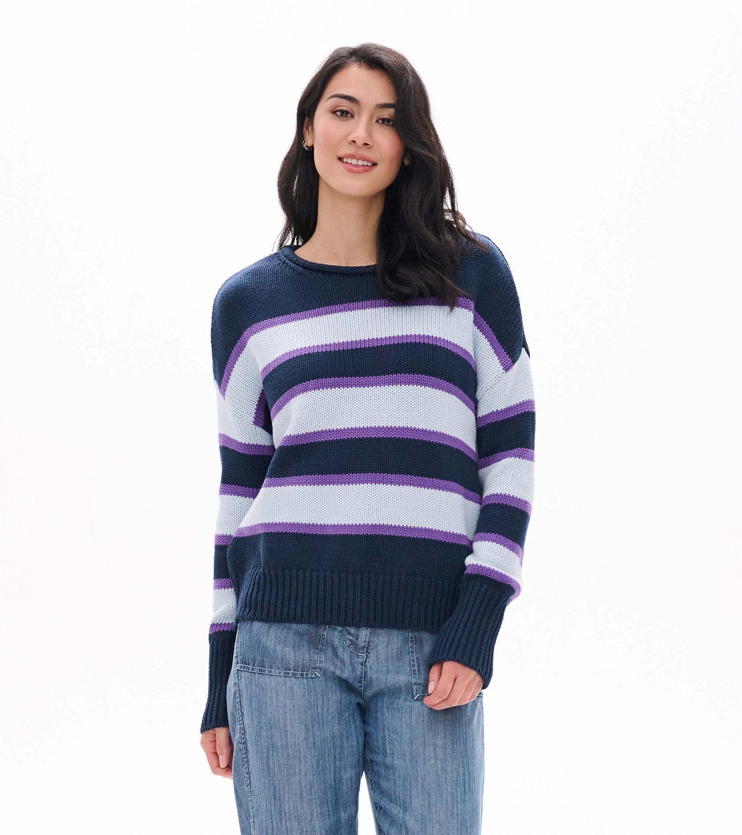 Front view of rolled collar sweater with navy, white, and purple horizontal stripes