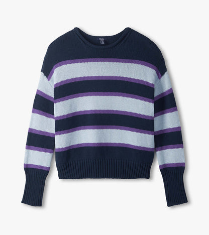 Flat lay of rolled collar sweater in navy, white, and purple stripes with ribbed cuffs and hem