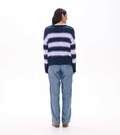 Back view of rolled collar sweater with navy, white, and purple horizontal stripes
