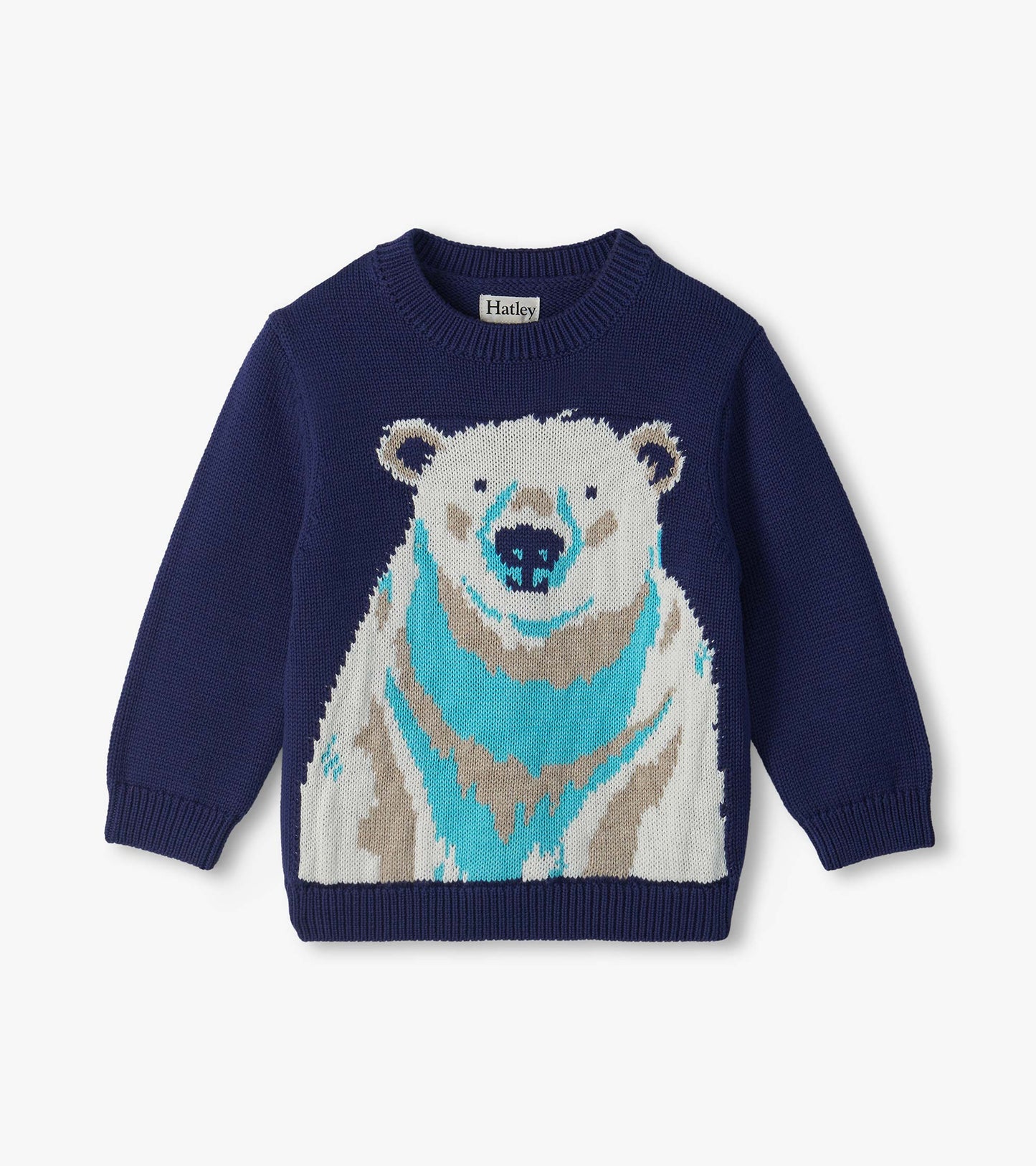 Front view of navy crew neck sweater with large polar bear graphic and ribbed cuffs and hem
