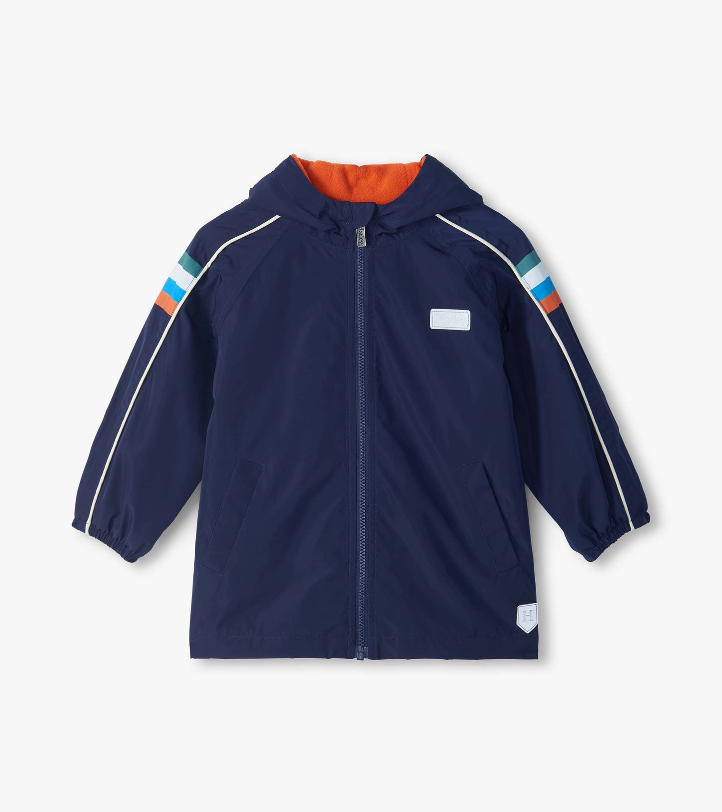 Front view of dark navy hooded rain jacket with orange lining, zip front, striped sleeves, and pockets