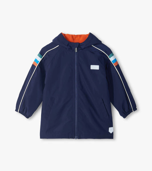 Front view of dark navy hooded rain jacket with orange lining, zip front, striped sleeves, and pockets
