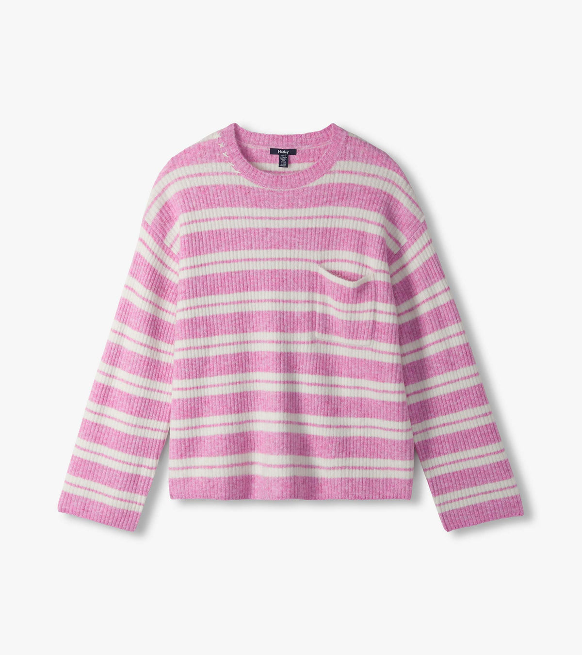 Pink and cream striped sweater laid flat with crew neck, long sleeves, and small chest pocket