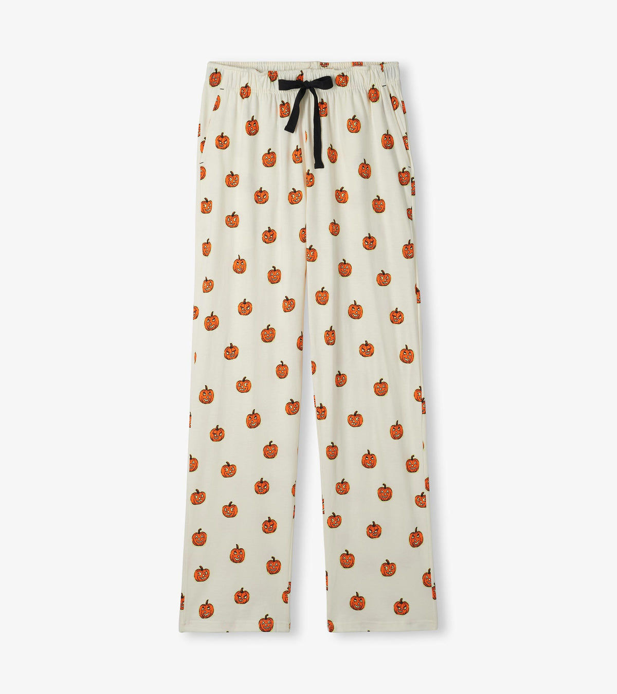 Men's pajama pants in cream with orange jack-o'-lantern print, elastic waist, side pockets, and black drawstring