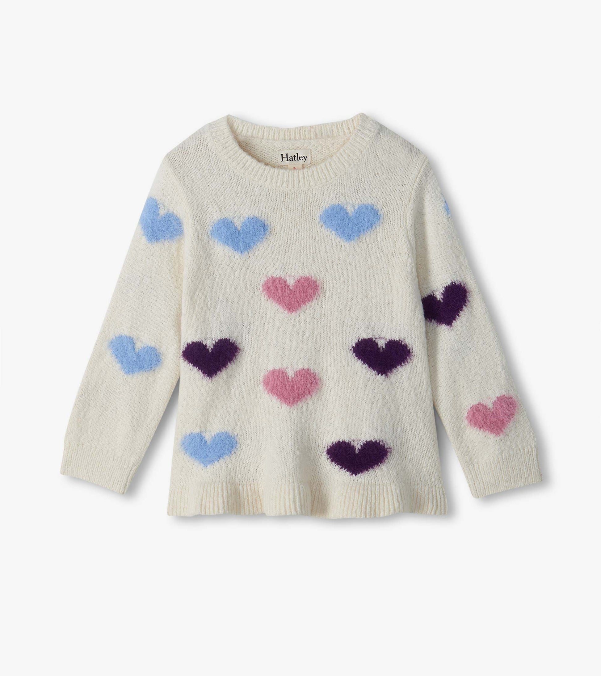 Cream kids sweater with blue, pink, and dark purple heart pattern, long sleeves, and ribbed crew neck