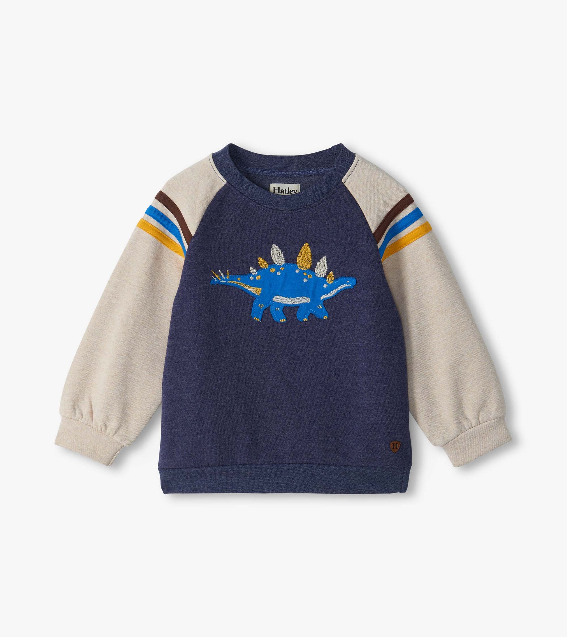 Kids pullover sweatshirt in navy and cream with blue stegosaurus graphic and striped raglan sleeves